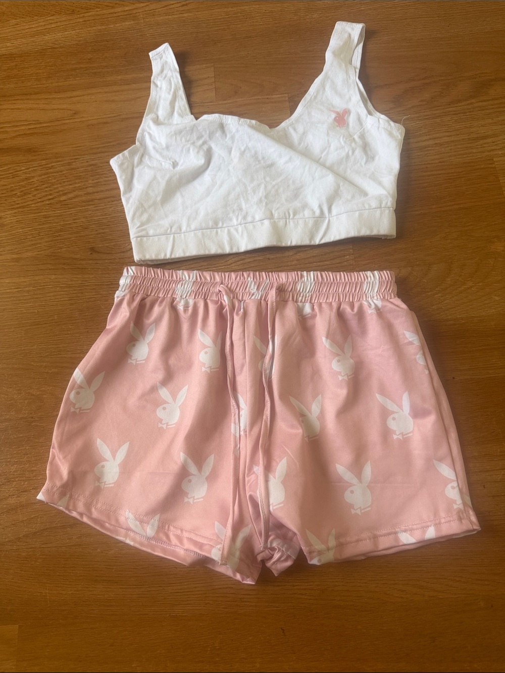 PLAYBOY White Crop Bralette & Pink Bunny Print Lounge Shorts Set